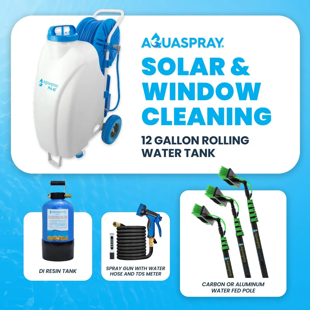 AquaSpray 12 Gallon Rolling Water Tank with Di Resin Tank and Waterfed Pole for Window and Solar Panel Cleaning