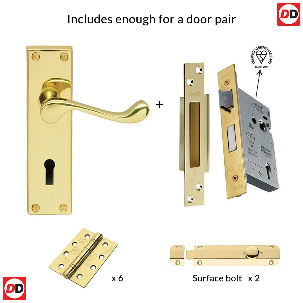 Double Door CBS54 Victorian Scroll Suite Lever Lock Brass - Combo Handle & Accessory Pack