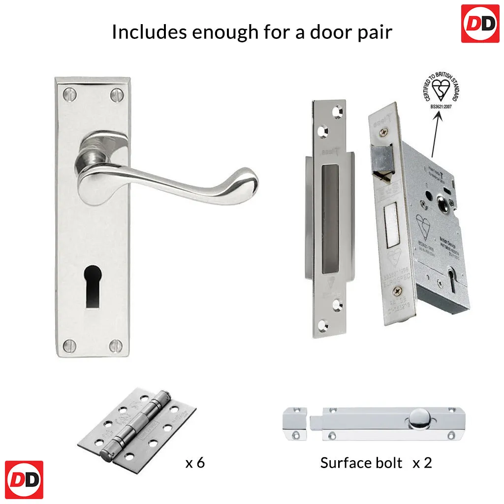 Double Door CBS54 Victorian Scroll Suite Lever Lock Polished Chrome - Combo Handle & Accessory Pack