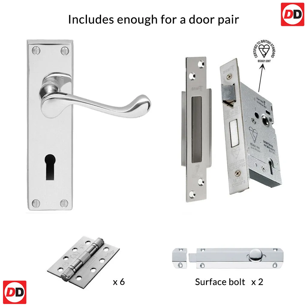 Double Door DL54 Victorian Scroll Suite Lever Lock Polished Chrome - Combo Handle & Accessory Pack