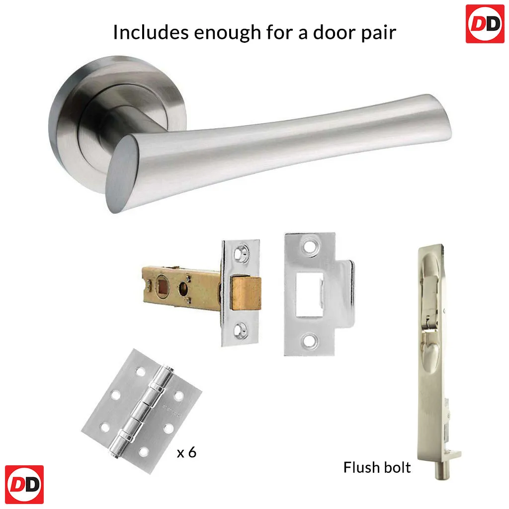 Double Door Pack Corsica Mediterranean Lever On Rose Satin Nickel Combo Handle & Accessory Pack