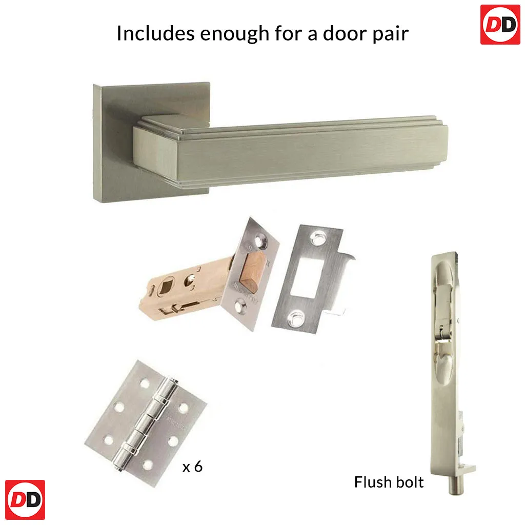 Double Door Pack Forme Alila Designer Lever on Minimal Square Rose Satin Nickel Combo Handle & Accessory Pack