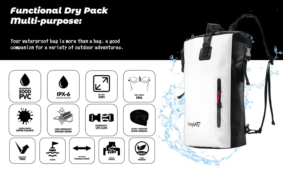 Dry bag Waterproof Backpack With Zipper Pocket 25L White