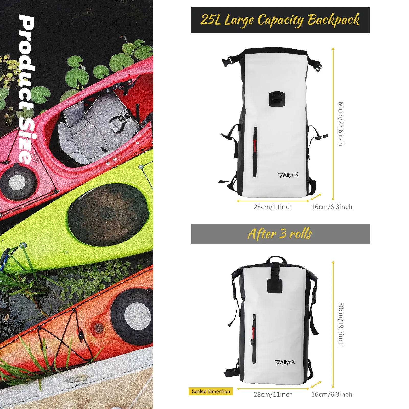 Dry bag Waterproof Backpack With Zipper Pocket 25L White