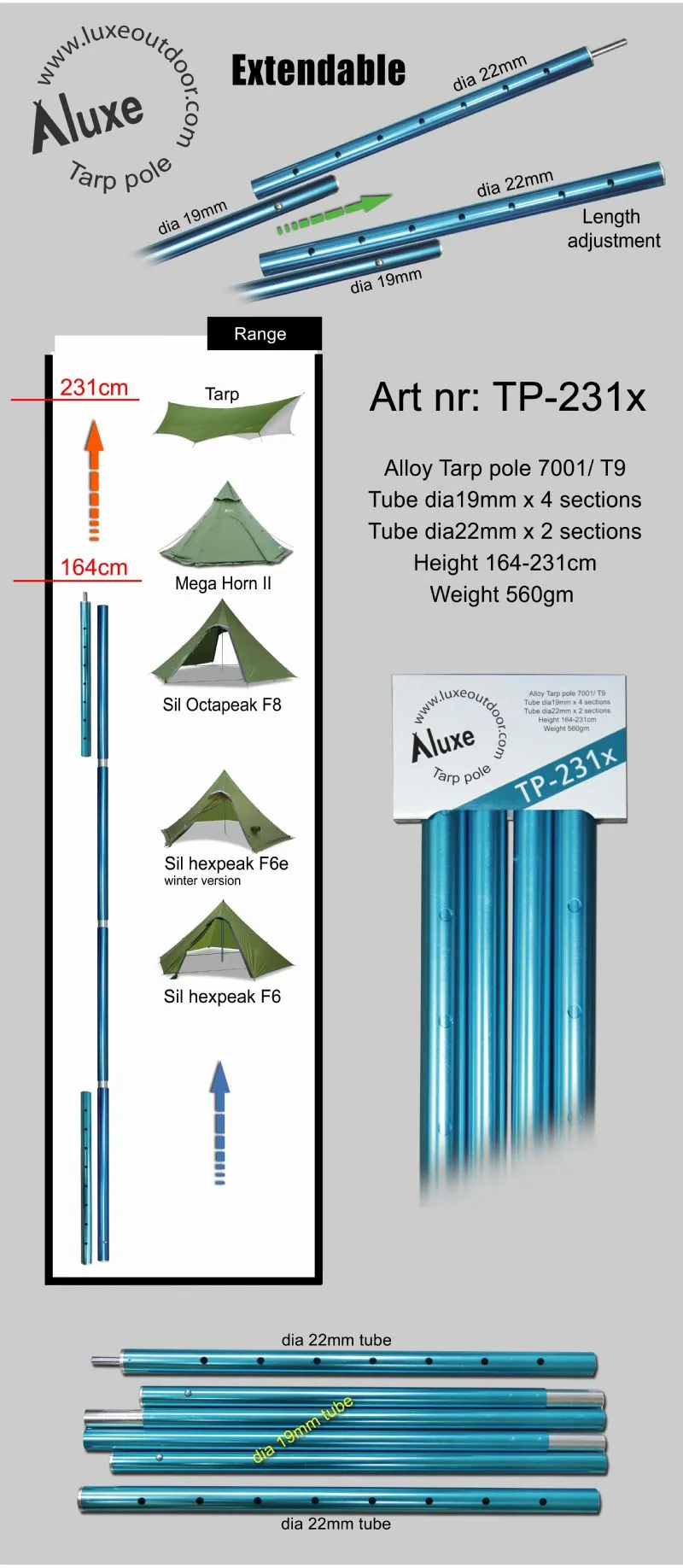 Luxe Outdoor Extendable Tarp/Tent Pole (Single Pole)