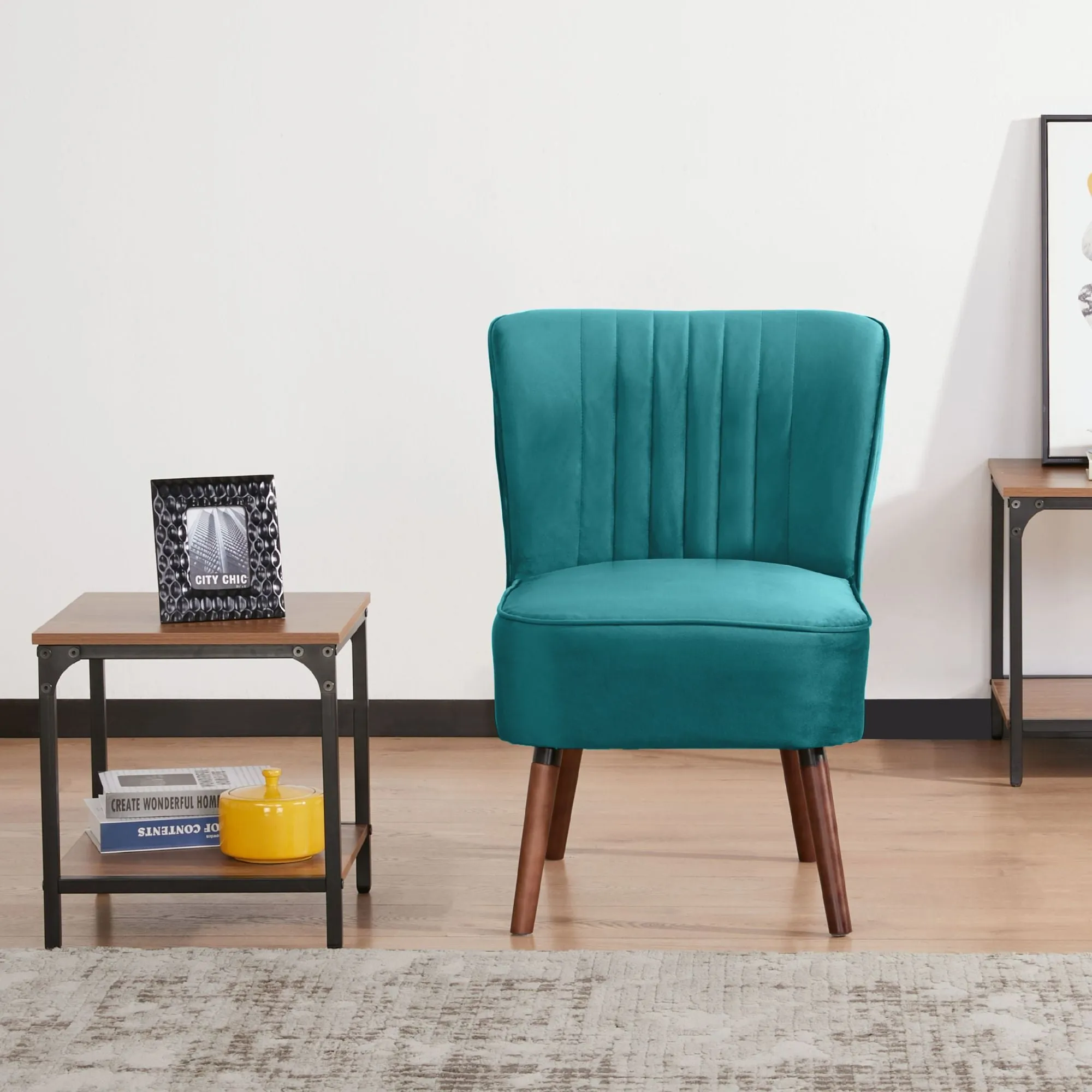 Mid Blue Upholstered Accent Chair, Durable Wooden Frame