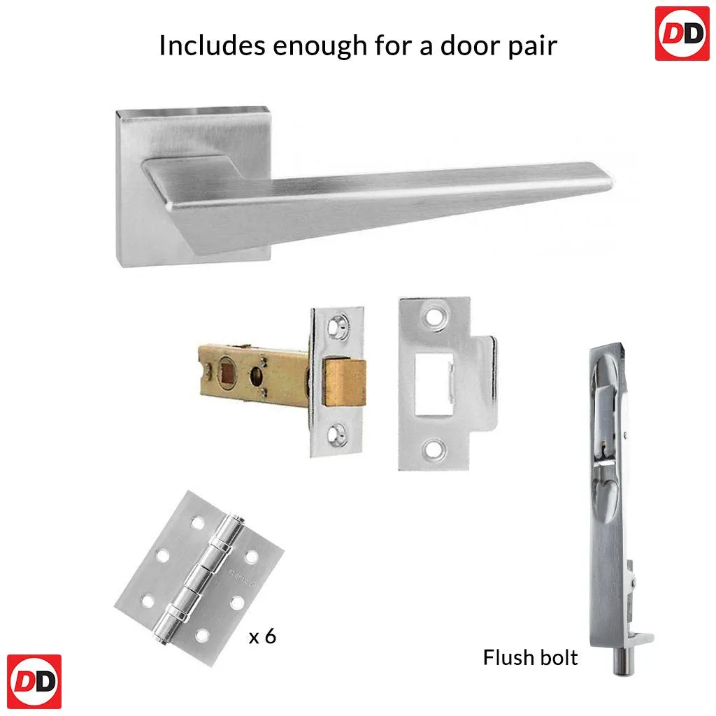 Rebated Double Door Pack Forme Naxos Designer Lever on Minimal Square Rose Satin Chrome Combo Handle & Accessory Pack