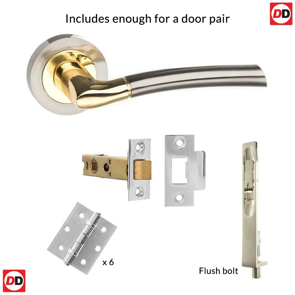 Rebated Double Door Pack Indiana Status Lever on Round Rose Satin Nickel Polished Brass Combo Handle & Accessory Pack