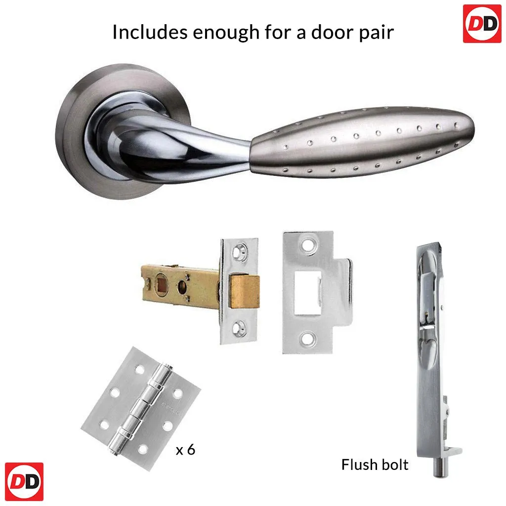 Rebated Double Door Pack Oran Mediterranean Lever On Rose Satin Nickel Polished Chrome Combo Handle & Accessory Pack