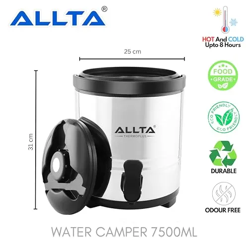 THERMOPLUS FROM THE HOUSE OF ALLTA Stainless Steel Insulated Water Jug 7500 ML Hot & Cold Water Dispenser | for Home/Kitchen/Picnic/Office (7.5 Liter)