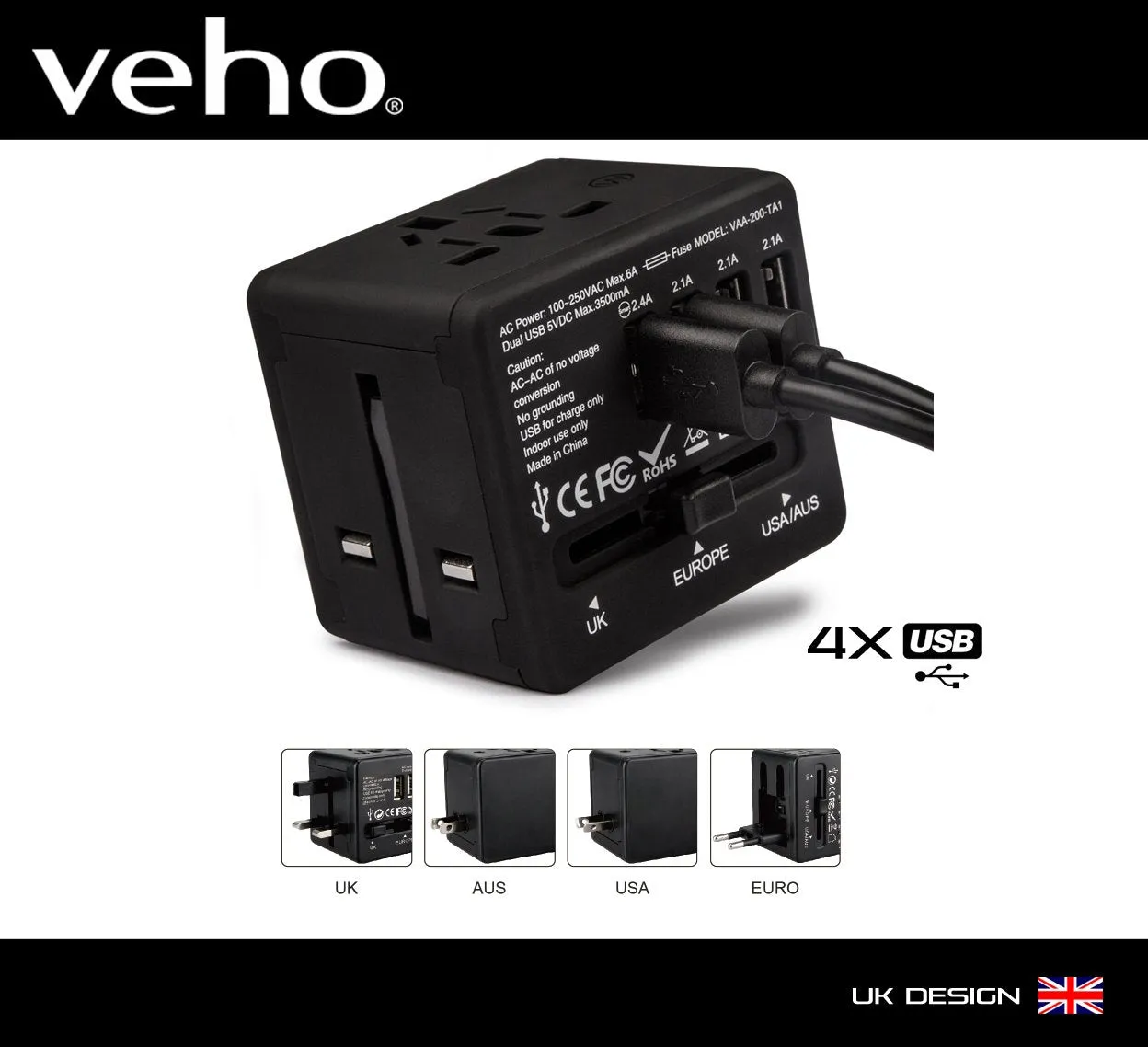 Veho TA-1 Universal 4-Port USB 5V 3.5A World Travel Plug with Multi-Region Adapter for UK, US, EU, AUS