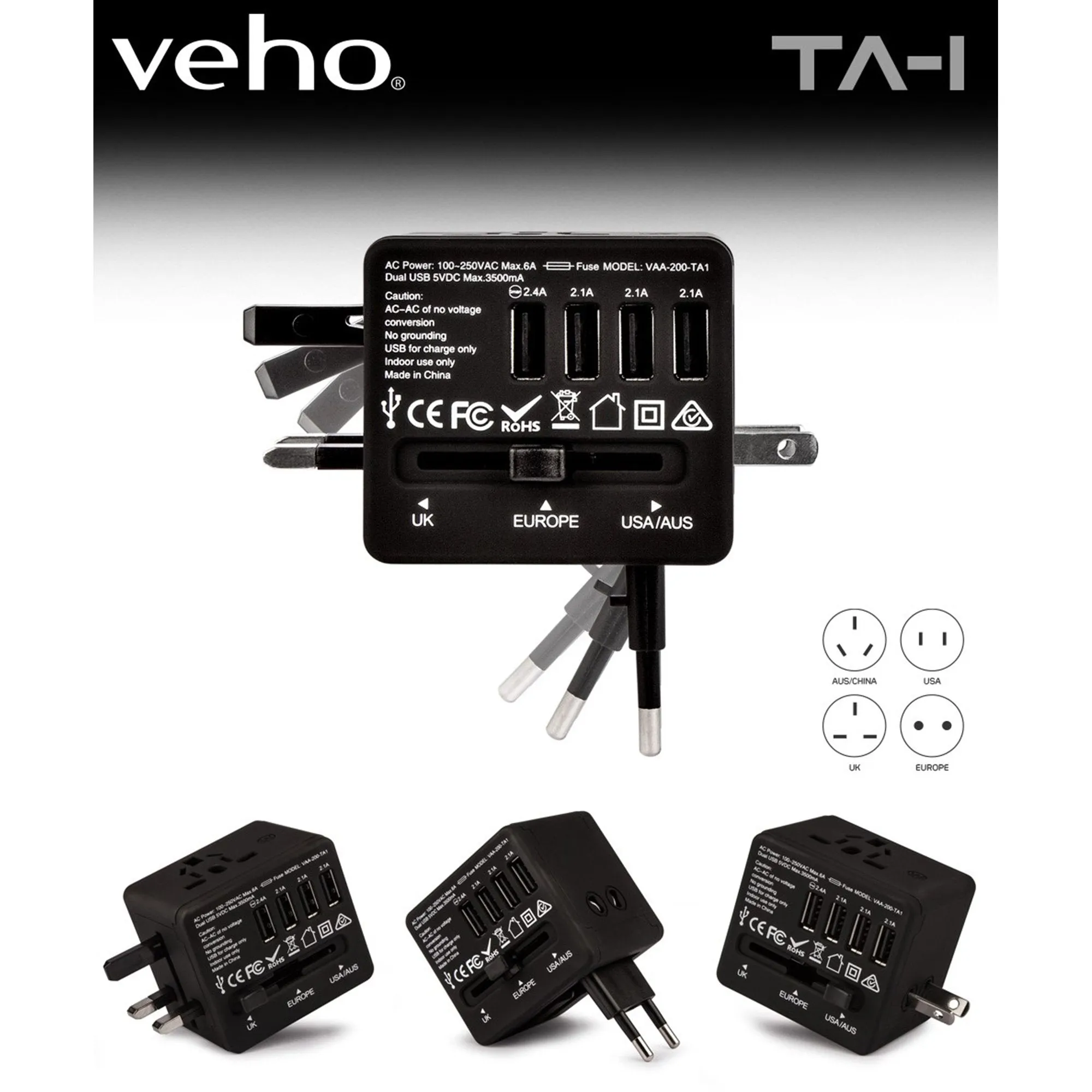 Veho TA-1 Universal 4-Port USB 5V 3.5A World Travel Plug with Multi-Region Adapter for UK, US, EU, AUS