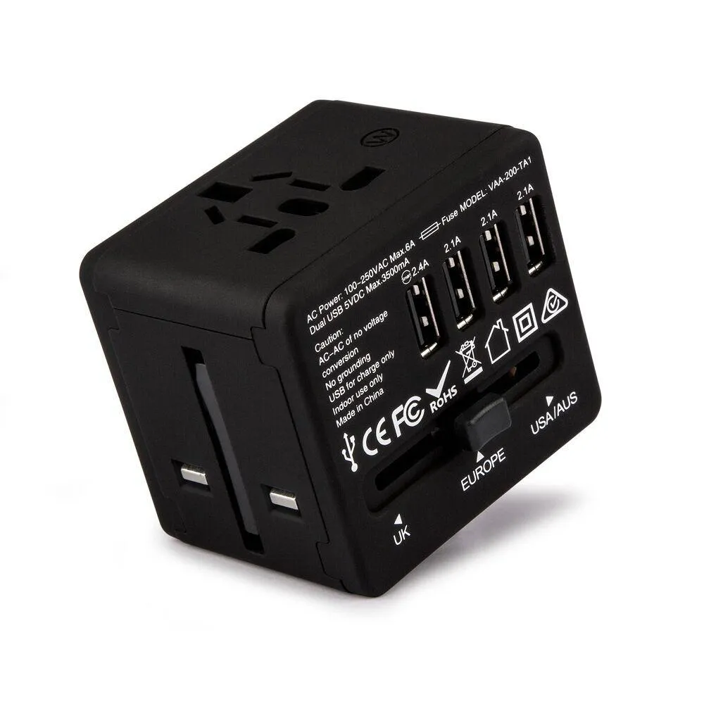 Veho TA-1 Universal 4-Port USB 5V 3.5A World Travel Plug with Multi-Region Adapter for UK, US, EU, AUS