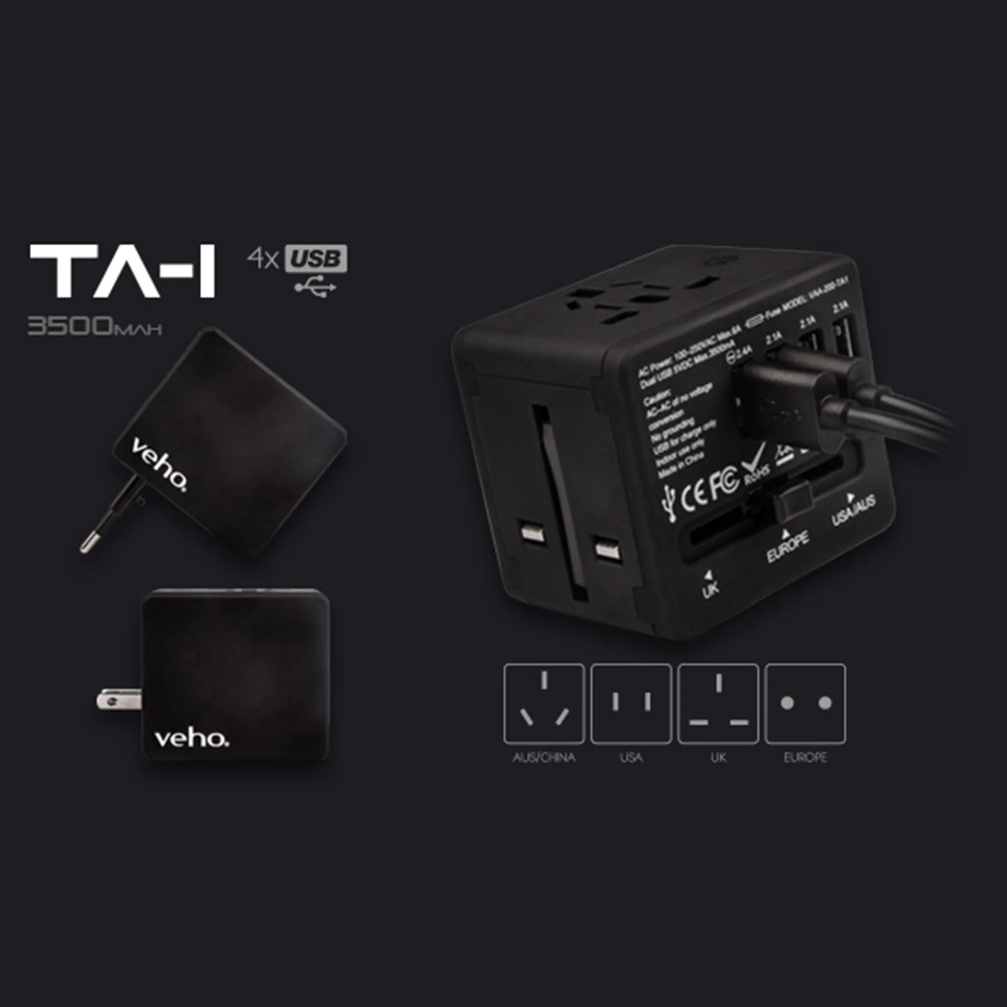 Veho TA-1 Universal 4-Port USB 5V 3.5A World Travel Plug with Multi-Region Adapter for UK, US, EU, AUS