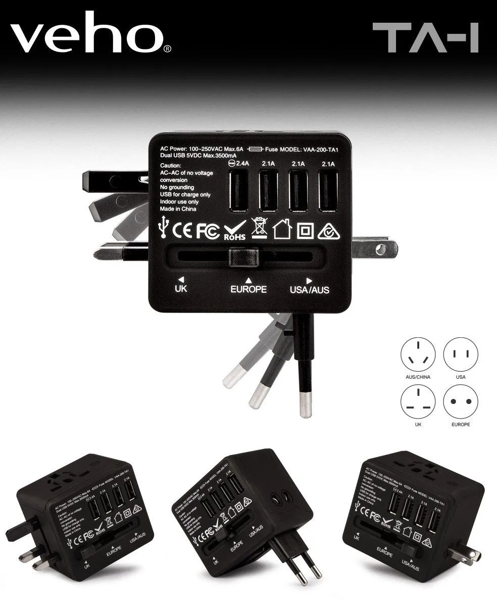 Veho TA-1 Universal 4-Port USB 5V 3.5A World Travel Plug with Multi-Region Adapter for UK, US, EU, AUS